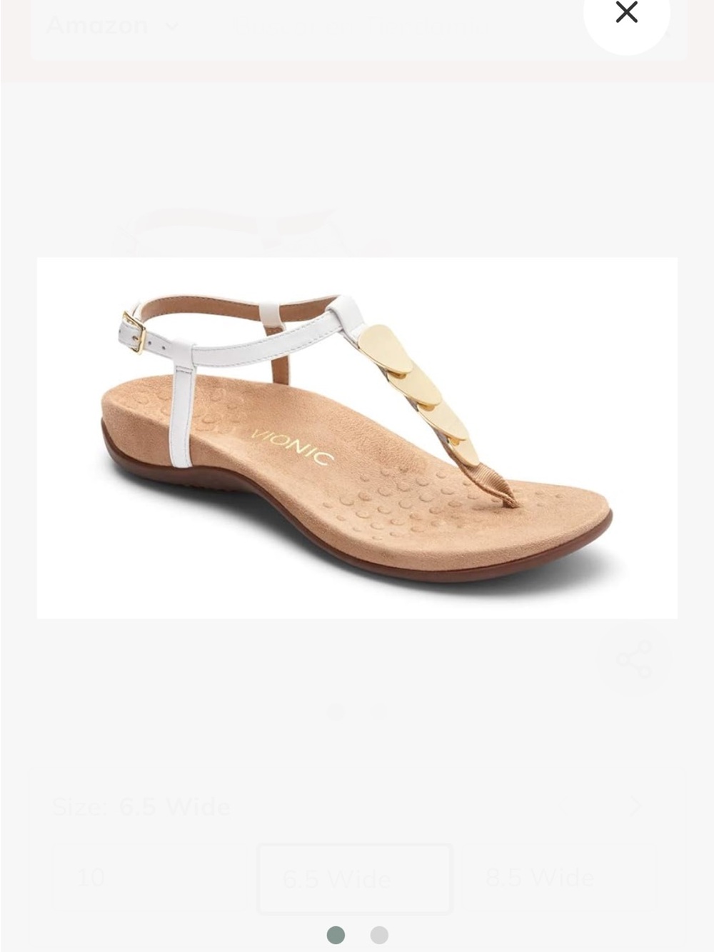 Vionic White T-Strap Sandal with Gold Accents